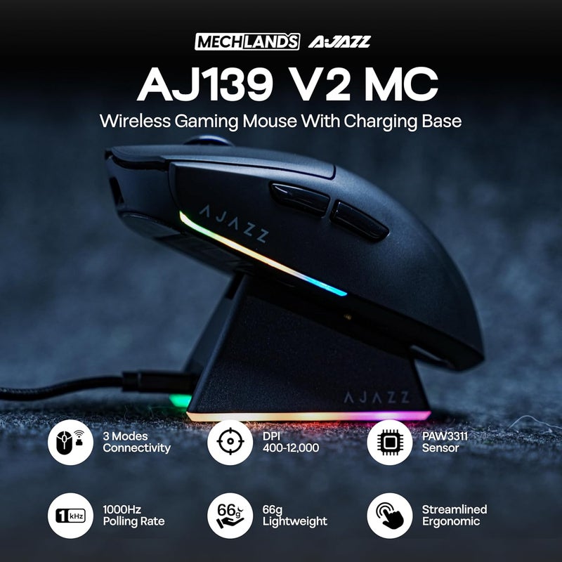 MechLands فأرة الألعاب AJAZZ AJ139 V2 MC مع قاعدة شحن، DPI قابل للتعديل 12,000، مستشعر PAW3311، 3 أوضاع فأرة لاسلكية، بطارية 500mAh، معدل استجابة 1000، وزن 66g، ويندوز/ماك (أسود) - Image 2